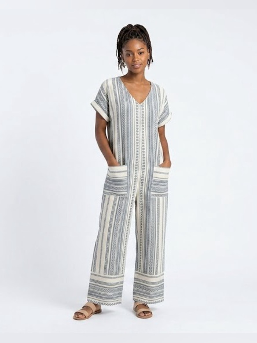 Monteau Linen Boho Bohemian Jumpsuit Blue and off White Size Small